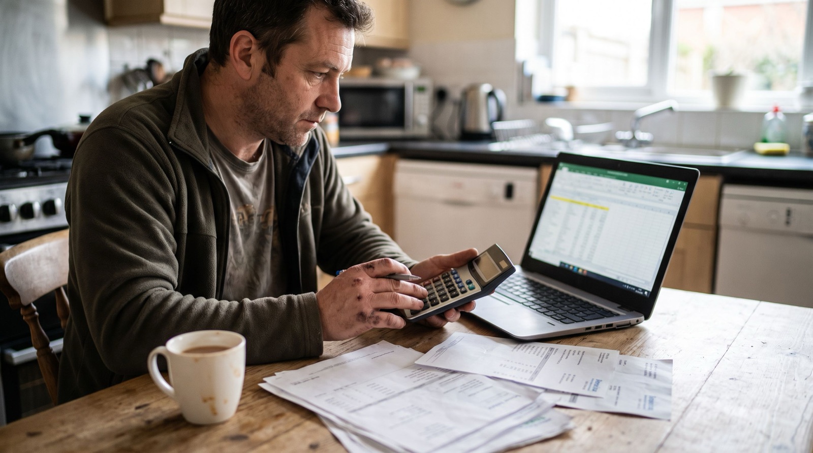 Checkatrade cost: a UK tradesman totting up directory invoices with a calculator at his kitchen table